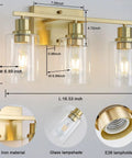 Three Light Sleek Gold Brushed Brass Vanity Light Fixture With Clear Glass Shade For Modern Bath Wall Hallway Bedroom And Living Room Bulbs Not Included, dimensions and details shown.