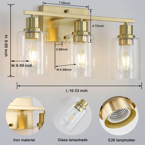 Three Light Sleek Gold Brushed Brass Vanity Light Fixture With Clear Glass Shade For Modern Bath Wall Hallway Bedroom And Living Room Bulbs Not Included, dimensions and details shown.