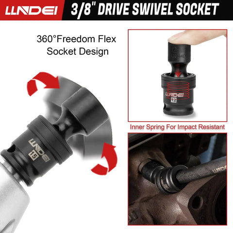Three Eighths Inch Drive Universal Impact Socket Set, 19 Pieces CR-MO Beefy Swivel Wobble Sockets Metric 8-22mm shown in use