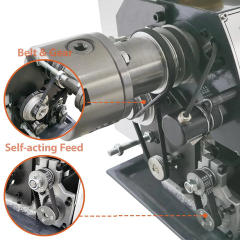 Badass Mini Metal Lathe 8 Inch Swing By 31.5 Inch Center Distance showing belt and gear mechanism details for precision machining.
