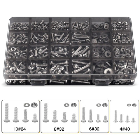 All in One 710 Piece Stainless Steel Screw Nut Bolt Washer Kit with Black Case, Phillips Pan Head Screws visible in compartments.