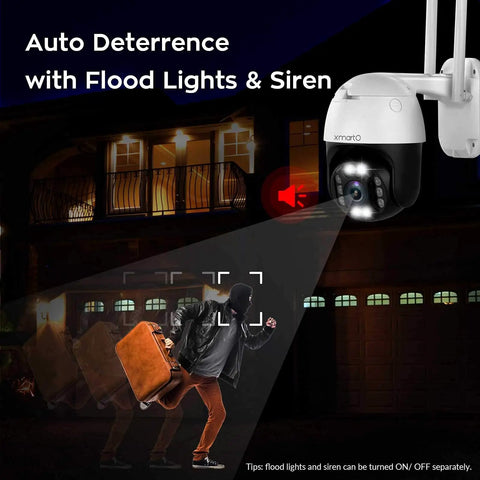 2K Auto Track PTZ Outdoor Security Camera With Color Night Vision Auto Flood Lights 2 Way Audio Auto Siren capturing intruder