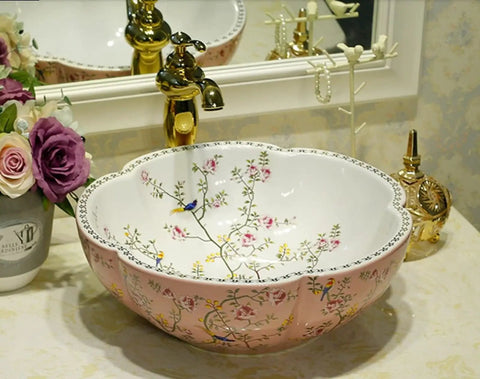 Blue Ceramic Vessel Sink For Bathroom Vanity Top Above Counter Bowl With Floral Bird Pattern Modern American Style