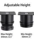 Four 2 Inch Stainless Steel Furniture Legs Set With Adjustable Round Riser Feet showing max and min height comparison.