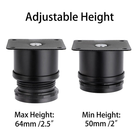 Four 2 Inch Stainless Steel Furniture Legs Set With Adjustable Round Riser Feet showing max and min height comparison.