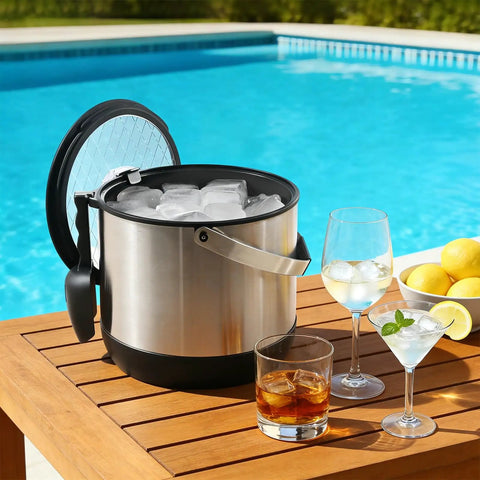 Insulated Ice Bucket For Parties With Scoop And Lid by the pool, holding ice for drinks, showcasing double wall design for easy transport.