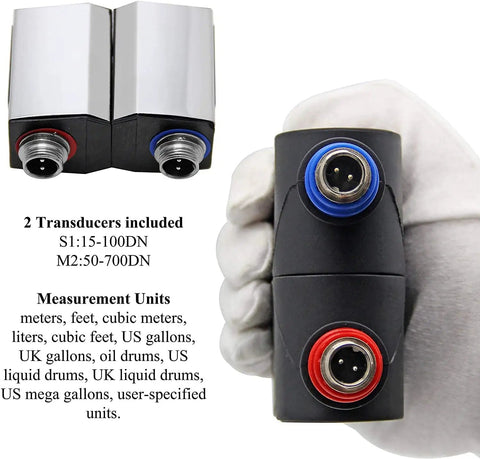 Handheld Ultrasonic Flow Meter With Clamp-On Sensor For Pipes DN15 To 700mm transducers, shown with measurement unit list