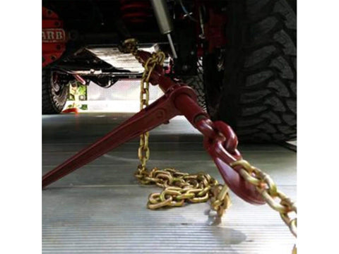 Set Of 2 Heavy Duty Chain Ratcheting Load Binders For Tie Down And Rigging, 1/2 To 5/8 Inch Chain Size, securing a vehicle