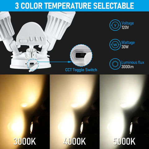 3CCT LED Security Light With Motion Sensor For Outdoor Use Dusk To Dawn Flood Light No Brainer ETL Listed IP65 Waterproof Aluminum Adjustable Heads 3000K 4000K 5000K Selectable Triple Operation Mode