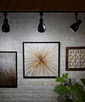 Track lighting illuminating artwork on a brick wall, showcasing Three Pack R20 Daylight LED Dimmable Flood Bulbs, 600 Lumen.