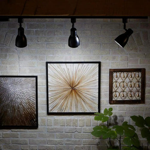 Track lighting illuminating artwork on a brick wall, showcasing Three Pack R20 Daylight LED Dimmable Flood Bulbs, 600 Lumen.