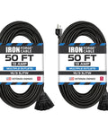 2 Pack 50 Foot Outdoor Extension Cord With 3 Outlets Weatherproof 16 3 SJTW Heavy Duty Power Cable For Lawn Garden Leaves Blowers