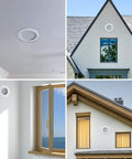 4 Inch Round Exhaust Vent Cover With Built In Fly Screen for bathrooms and kitchens shown mounted on ceilings and exterior walls.