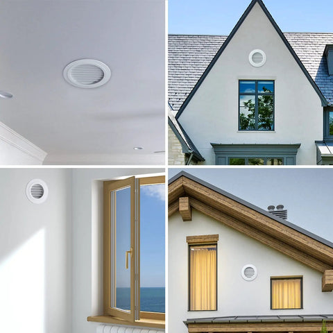 4 Inch Round Exhaust Vent Cover With Built In Fly Screen for bathrooms and kitchens shown mounted on ceilings and exterior walls.