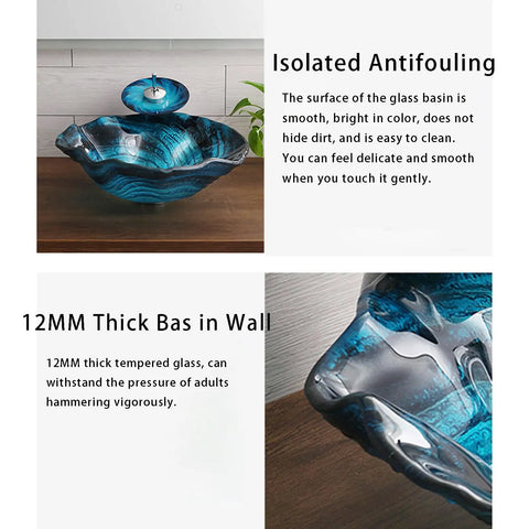 Bathroom Vessel Sink, Flower Shape Blue Vanity Sink Bowl, countertop tempered glass vessel sink combo on wooden surface.