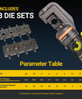 10 Ton Hydraulic Crimping Tool Kit With 8 Dies For 12 AWG To 2/0 AWG Battery Cable And Stainless Steel Wire Rope Ends Ring Terminals Crimping Set Delivers Clean Permanent Hex Crimps Every Time, showing crimping tool and die set with parameter table.