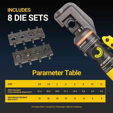 10 Ton Hydraulic Crimping Tool Kit With 8 Dies For 12 AWG To 2/0 AWG Battery Cable And Stainless Steel Wire Rope Ends Ring Terminals Crimping Set Delivers Clean Permanent Hex Crimps Every Time, showing crimping tool and die set with parameter table.