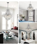 Crystal Chandelier 5 Light Pendant Ceiling Light Modern Fixture shown in living room, bedroom, and kitchen settings, chrome finish.