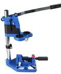 Drill Press Rotary Tool Workstation Stand With Wrench And Tool Holder For Mini Portable Drill Press, blue aluminum base.