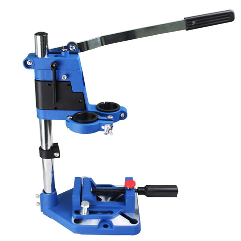 Drill Press Rotary Tool Workstation Stand With Wrench And Tool Holder For Mini Portable Drill Press, blue aluminum base.