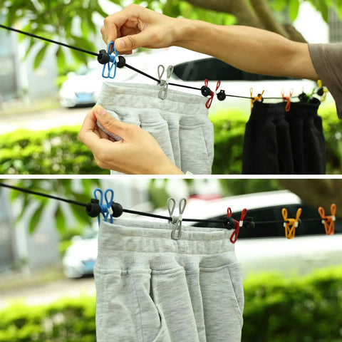 Super Portable Retractable Clothesline For Travel And Camping On The Go 12 Color Clothespins 13 Windproof Anti Skid Clips in use