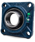 Blue UCF201-8 pillow block bearing with square flange and four mounting holes; 1/2 in bore, self-aligning.
