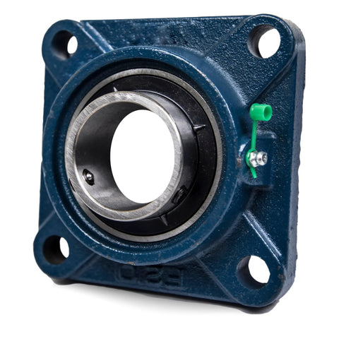 Blue UCF201-8 pillow block bearing with square flange and four mounting holes; 1/2 in bore, self-aligning.