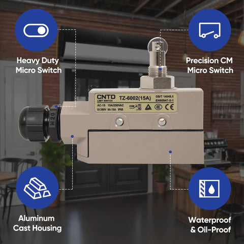 Liyufecor Tz-6002-15A Heavy Duty Contactor Micro Switch With Roller Plunger Limit Switch For Conveyor Detection Automatic Doors And Air Curtains Built-In Cm Miniature Switch Dur Aluminum Housing on a display table.