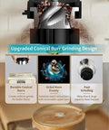 Top Tier 20 Bar Espresso Machine With Precision Burr Grinder And Full Steam Wand showing upgraded conical burr grinding design.