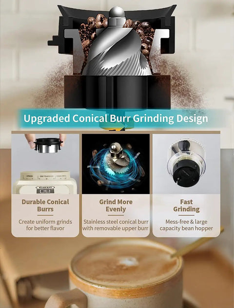 Top Tier 20 Bar Espresso Machine With Precision Burr Grinder And Full Steam Wand showing upgraded conical burr grinding design.