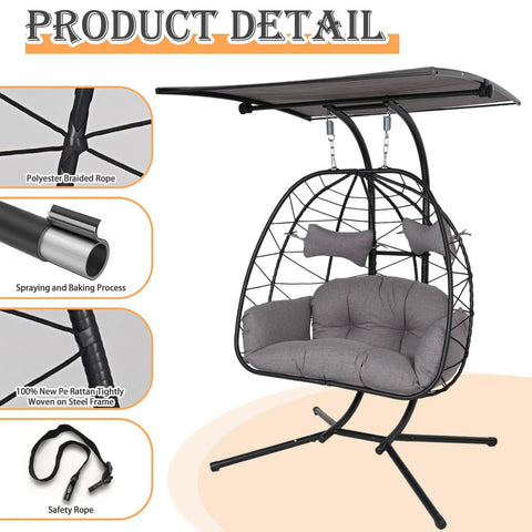 Double Egg Chair With Stand And Adjustable Canopy For Two People Indoor Outdoor Wicker Hanging Swing Chairs With Removable Cushions 660 Lbs Capacity For Patio Balcony Black Frame Dark Grey Cushions Outdoor Living