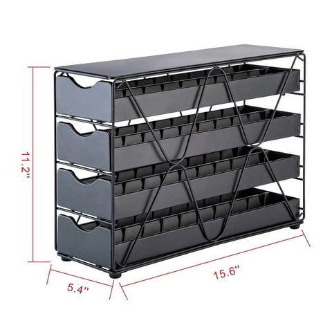 4 Tier Nespresso Pod Drawer Organizer For Vertuo Capsules Holds Up To 80 Pods with dimensions, black metal frame.