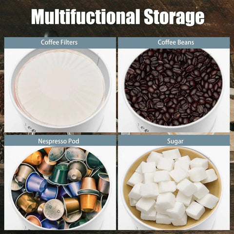 White Enamel Round Coffee Filter Holder With Lid For Counter Top Storage Keeps Your Filters Organized In A Rustic Farmhouse Style That Feels Homey And Ready For Your Daily Coffee Game used for coffee filters, beans, pods, and sugar.