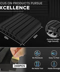 Premium Curved Acoustic Foam Panels 3 Inch Thick Sound Proofing Tiles For Home Studio Podcast Room And Office Echo Reduction With Heavy Duty Double Sided Tape Included, black 12x12 inch design with curved edges.