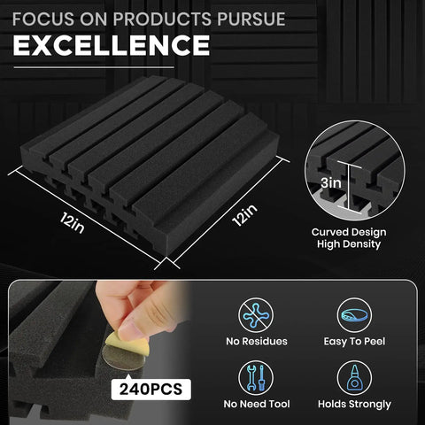 Premium Curved Acoustic Foam Panels 3 Inch Thick Sound Proofing Tiles For Home Studio Podcast Room And Office Echo Reduction With Heavy Duty Double Sided Tape Included, black 12x12 inch design with curved edges.