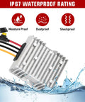 Heavy Duty DC To DC Step Down Converter with aluminum housing, IP67 waterproof rating, suitable for trucks and RVs.