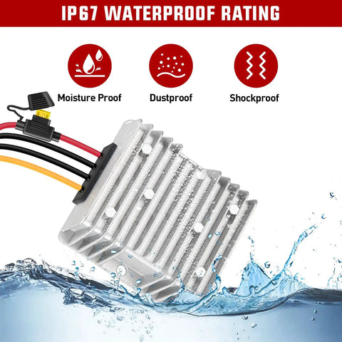 Heavy Duty DC To DC Step Down Converter with aluminum housing, IP67 waterproof rating, suitable for trucks and RVs.