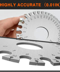 Round Dual Sided Wire Gauge And Sheet Thickness Gauge Set In Stainless Steel Welding Measurement Tool close-up in use