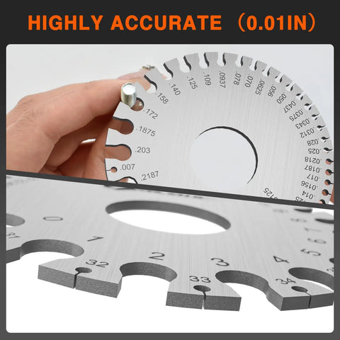 Round Dual Sided Wire Gauge And Sheet Thickness Gauge Set In Stainless Steel Welding Measurement Tool close-up in use