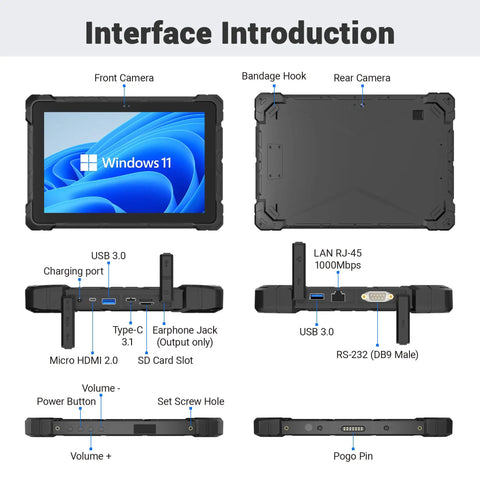 Built Like A Tank Rugged Tablet PC Running Windows 11 Pro on a 10.1 inch screen showcasing interface layout and ports.