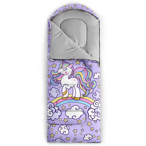 Unicorn Themed Kids Sleeping Bag For Girls And Boys Lightweight Warm Cold Weather Outdoor Sack with colorful unicorn design