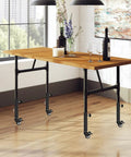 Heavy Duty 7 Inch Adjustable Metal Table Leg Extenders Featuring Smooth Rolling Locking Casters on a wooden table with wine.