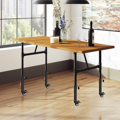 Heavy Duty 7 Inch Adjustable Metal Table Leg Extenders Featuring Smooth Rolling Locking Casters on a wooden table with wine.