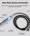 Air Powered Pencil Die Grinder Kit Pumping 65000 Rpm Beefed Up Torque with alloy body, metal chuck, and braided air inlet pipe.