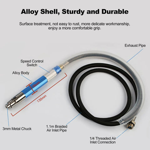 Air Powered Pencil Die Grinder Kit Pumping 65000 Rpm Beefed Up Torque with alloy body, metal chuck, and braided air inlet pipe.