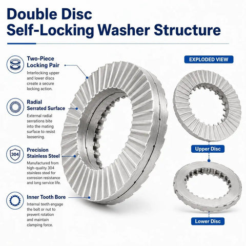 Double Disc Self-Locking Washer Structure with upper and lower discs, 304 stainless steel, designed to resist loosening.