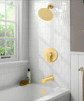 Bathroom displaying Tub And Shower Faucet Set With Valve, Trim Kit And 6 Inch High Pressure Rain Showerhead For Bathroom Remodeling
