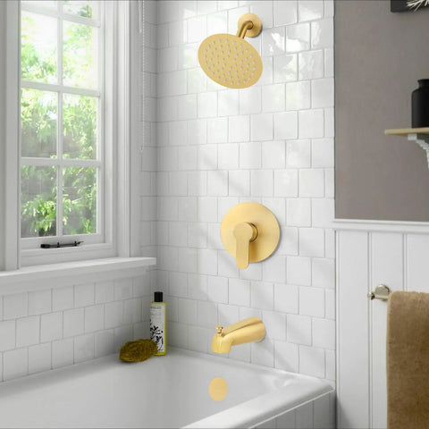Bathroom displaying Tub And Shower Faucet Set With Valve, Trim Kit And 6 Inch High Pressure Rain Showerhead For Bathroom Remodeling