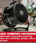 10 Inch Drum Fan With 900 CFM, 3 Speed Industrial Floor Fan, Tilt Head 360 Degree, Aluminum Blades in workshop setting