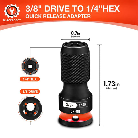 Quick Release Impact Bit Holder Three Eighths Inch Square Drive To One Quarter Inch Hex Socket Adapter durable CR MO steel